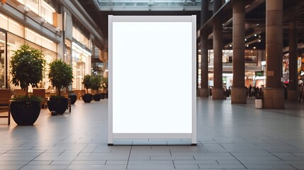 A mockup poster stand within a shopping centerة mall setting or high street, showcasing a wide banner design featuring ample blank space for your content