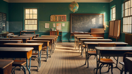 Unused Classroom with Vintage Wooden Desks and Chalkboards - Powered by Adobe