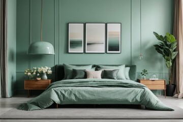 Interior home design of modern bedroom with green bed and flower wall painting on green wall