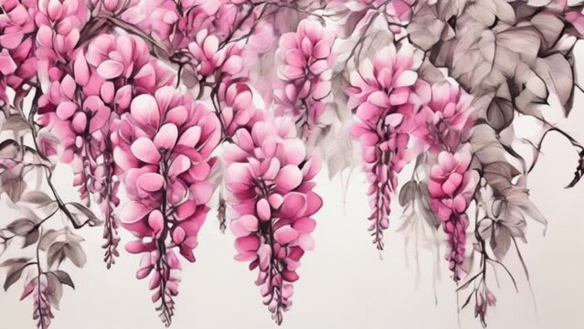 Pink Wisteria hand drawn with ink on white background, motion