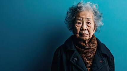 Fototapeta premium 80 year old Asian woman with sad facial expression on blue background with copy space
