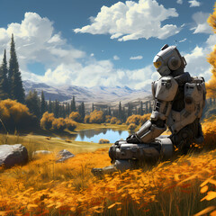 A robot contemplating nature in a serene meadow