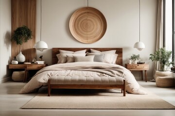 Scandinavian, Bohemian interior home design of modern bedroom with beige bed and wooden headboard