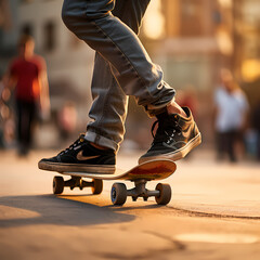 A close-up of a skateboarder's feet executing a trick. - obrazy, fototapety, plakaty