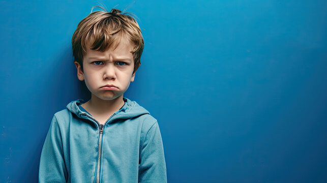 5 year old Caucasian boy child with angry facial expression on blue background with copy space