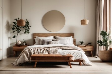 Scandinavian, Bohemian interior home design of modern bedroom with beige bed and wooden headboard