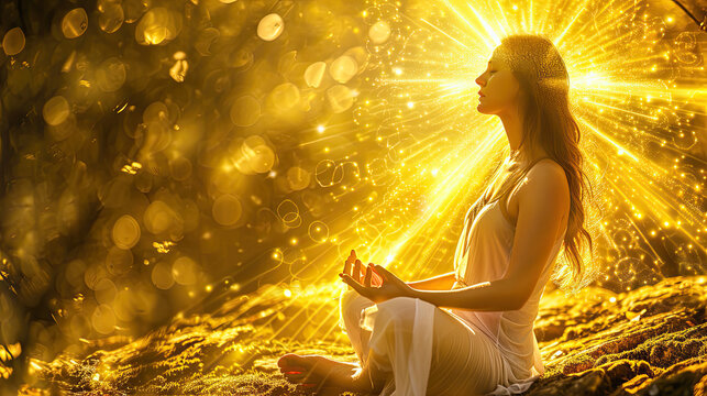 young caucasion woman meditating in a flower field surrounded by golden glow of sunlight and floating golden manifesting particles