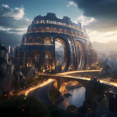 Ancient coliseum in a futuristic city - obrazy, fototapety, plakaty