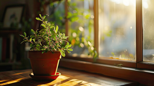 house plant in the morning sunlight streaming across the scene 