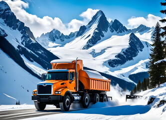 Truck drives through the snowy mountains
