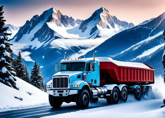 Truck drives through the snowy mountains