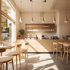 photography of small coffee shop minimalist or cafe interior, there is daylight come in