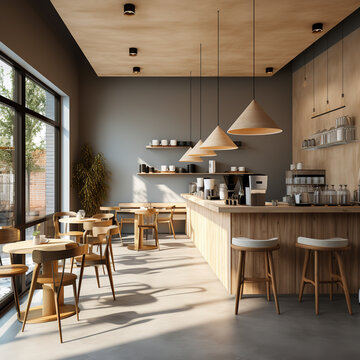 photography of small coffee shop minimalist interior, there is daylight come in