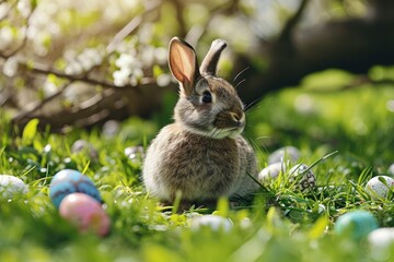 little cute easter bunny sitting outside on green grass with colourful easter eggs next to him