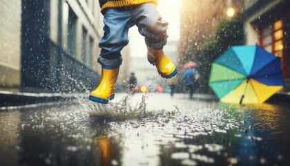 Child in yellow rubber boots joyfully jumping over a puddle in the rain - obrazy, fototapety, plakaty