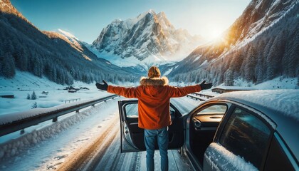 Joyful person in victory pose near car, winter landscape with mountains in foreground - obrazy, fototapety, plakaty