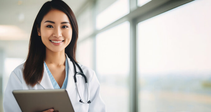 portrait of a smiling female doctor holding a tablet, banner with copy space