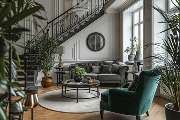 Stylish composition of stairs in a luxury living room, with gray sofa, green velvet armchair, coffee table, plants and minimalist personal accessories. 