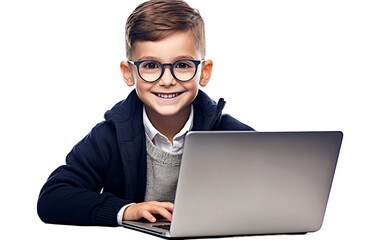 Boy Displays Keen Interest in Laptop Isolated on Transparent Background PNG.