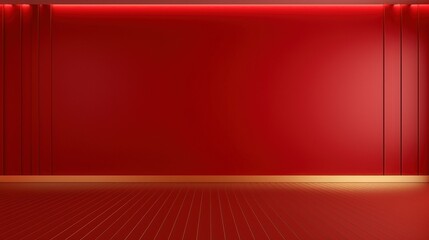 Simple minimalistic red wall with empty floor and gold trim