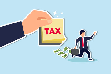 Tax evasion, illegal hide revenue and avoid paying government tax, fraud and money laundering or financial crime concept, frustrated businessman run away with full of money banknotes from tax bills.