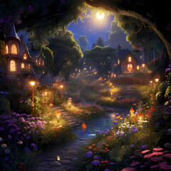 Magical garden with glowing flowers and talking animals