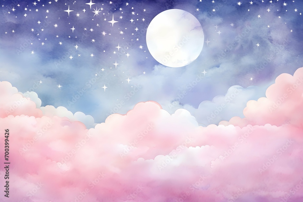 Wall mural watercolor magical landscape with pink clouds , starry purple sky and full moon painting background - Wall murals