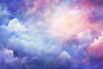 Obraz premium Watercolor glamour fairytale sky view with cotton clouds for hand drawn design cover background