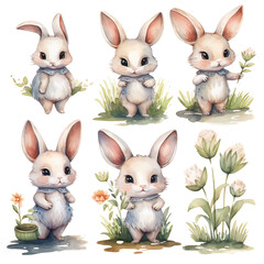 Fototapeta premium Watercolor bunny ester Clipart Collection on a transparent background 