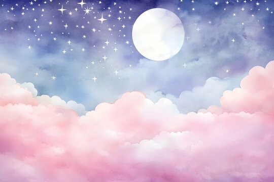 Watercolor magical landscape with pink clouds , starry purple sky and full moon painting background