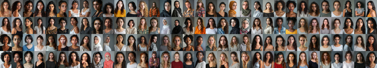 composite portrait of mug shots of different serious young women headshots, including all ethnic, racial, and geographic types of women in the world on gray background - obrazy, fototapety, plakaty