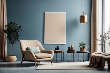 Interior home design of modern living room with armchair and empty poster frame mock up on blue wall