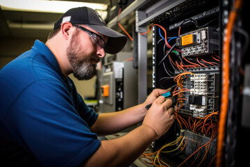 Computer network technology rack technician cabling connection server engineer switch router - obrazy, fototapety, plakaty