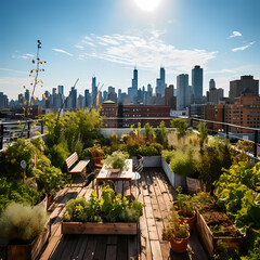Urban rooftop garden with a view of the city skyline.