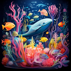 Fototapeta na wymiar Whimsical underwater world with neon-colored sea creatures