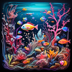Fototapeta na wymiar Whimsical underwater world with neon-colored sea creatures