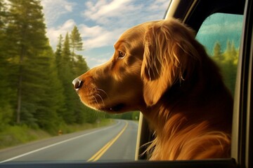 Canine enjoying a car ride and observing scenery through open window. Generative AI