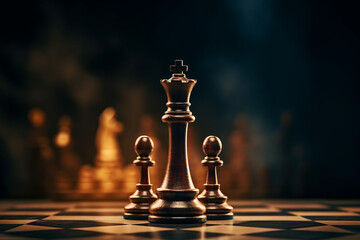 The King in battle chess game stand on chessboard with black isolated background. Business leader concept for market target strategy. Intelligence challenge and business competition success play