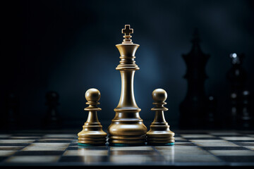 The King in battle chess game stand on chessboard with black isolated background. Business leader concept for market target strategy. Intelligence challenge and business competition success play