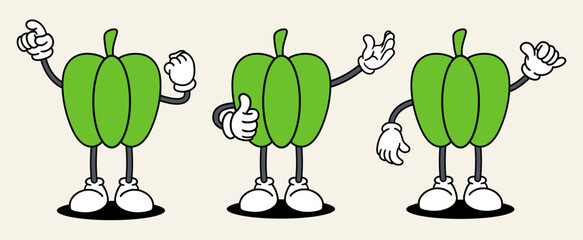 Paprika set mascot of 70s groovy. Collection of cartoon,retro, groovy characters. Vector illustration.