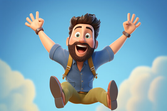 Stylish 3D Cartoon Illustration Showing A Man In A Happy Jumping Pose