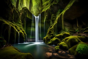 A serene and secluded waterfall hidden deep within a lush and moss-covered canyon. 