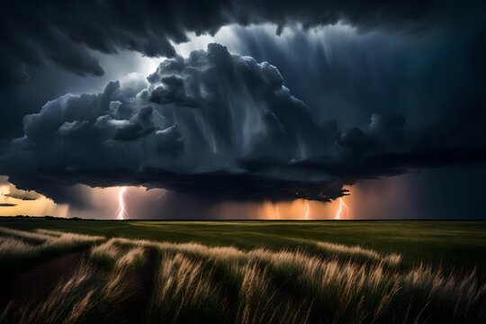 A dramatic thunderstorm brewing over a vast and open prairie, with lightning illuminating the dark clouds.