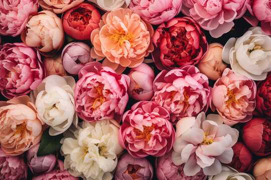 Colorful flower background of fresh peonies, beautiful floral backdrop