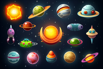 Space 3d vector icon set. Astronaut, planet, satellite, rocket, ufo, comet cartoon objects