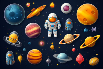 Naklejka premium Space 3d vector icon set. Astronaut, planet, satellite, rocket, ufo, comet cartoon objects