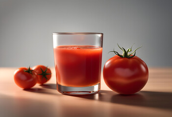 A glass of tomato juice and tomatoes on the table