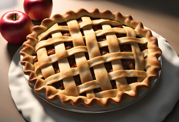An apple pie on the wooden table close-up.