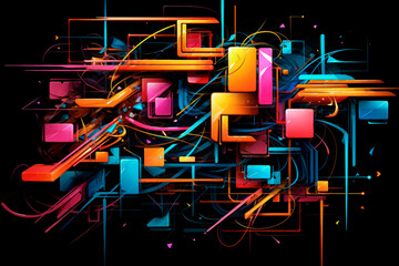 Complex network of neon geometric  interconnected nodes and pathways with vibrant energy, abstract technology