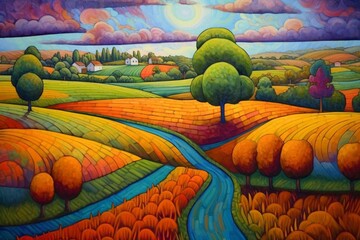 Vibrant oil pastel artwork depicting a stylized countryside landscape. Captivating and picturesque. Generative AI